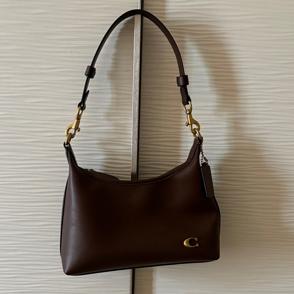 Coach Dark Brown Leather Shoulder Bag with Gold Accents